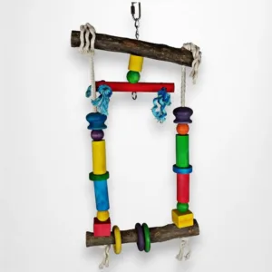 Natural Wood Swing Bird Toy with Colorful Blocks and Rope